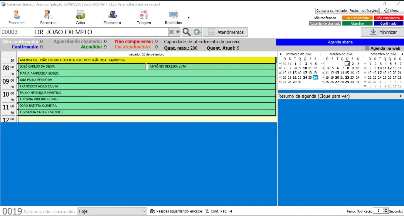 Agenda do médico no sistema de clínicas da Gerencie (nomes fictícios)