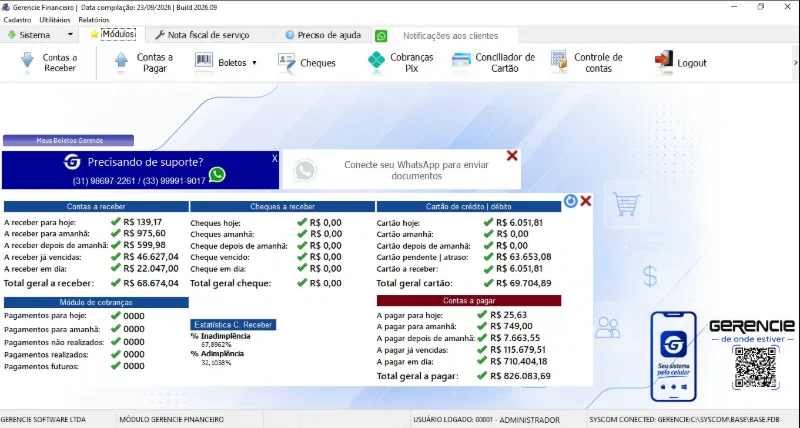 Tela principal do financeiro da Gerencie com contas a receber, cheques, cartões e contas a pagar