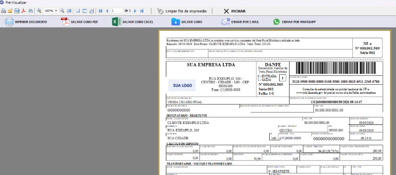 Impressão inteligente: imprimir, PDF, Excel, e-mail e WhatsApp (dados fictícios)
