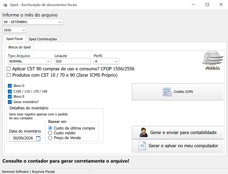 Tela do SPED: blocos do SPED Fiscal, inventário e envio para a contabilidade