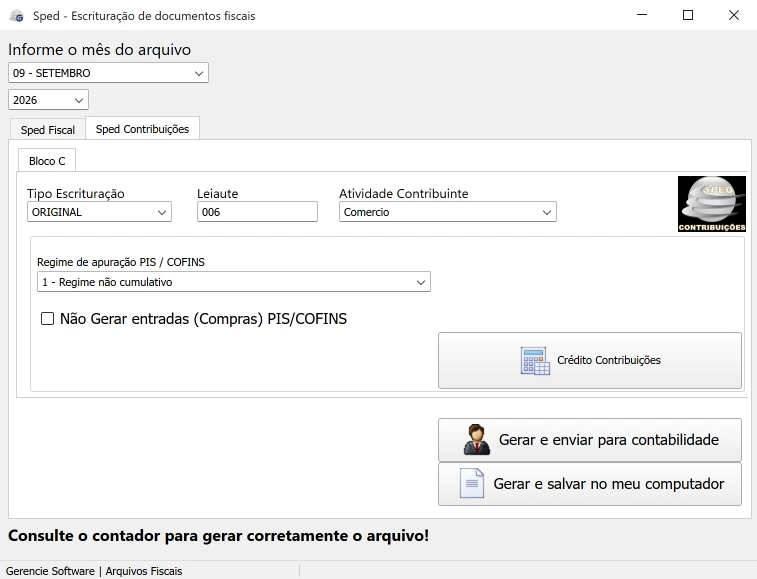 Tela do SPED Contribuições: regime de apuração de PIS/COFINS