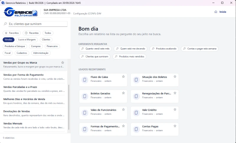 Central de relatórios do ERP Gerencie